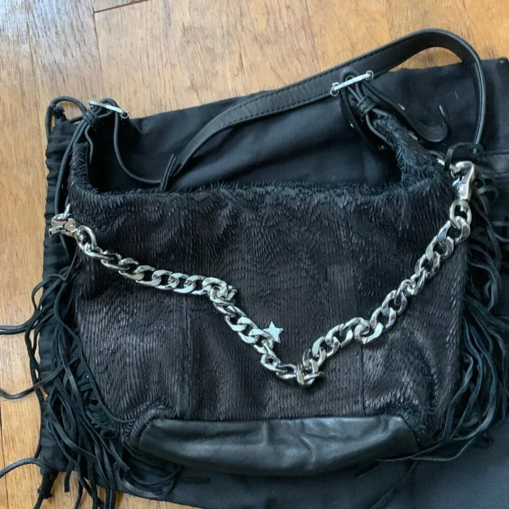 Ash BO Fringed Hobo Bag Black Suede